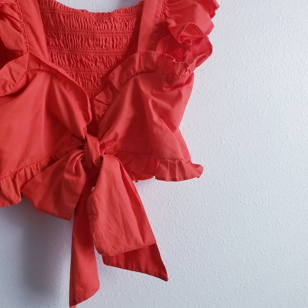Meraki Ruched Ruffle Cap Sleeve Back Tie Blouse - Picture 5 of 8